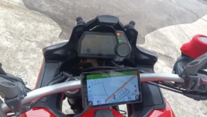Ducati Multistrada 1200S cockpit view with digital display and Garmin GPS