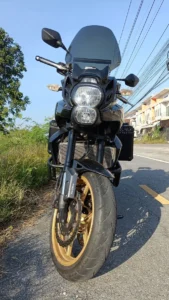 Kawasaki Versys 650 rental bike low-angle front shot in Hua Hin