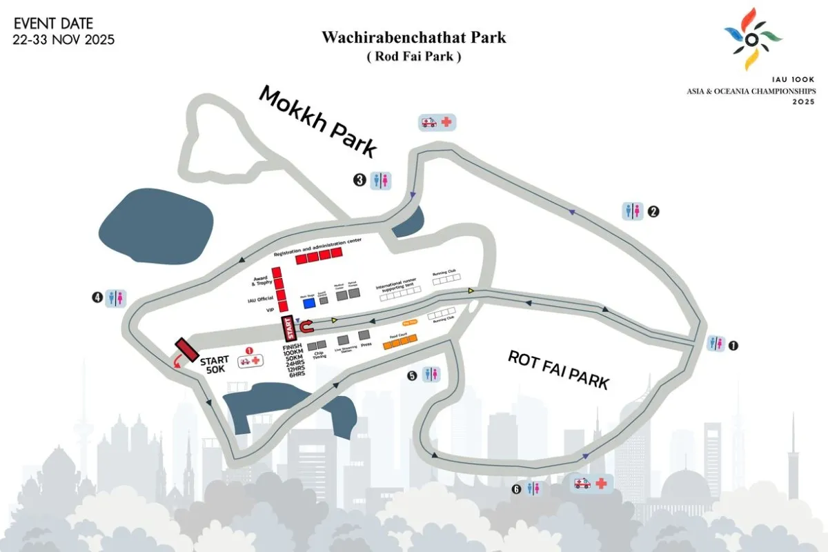 IAU 100K Asia & Oceania Championships 2025 race course map at Wachirabenchathat Park in Bangkok.